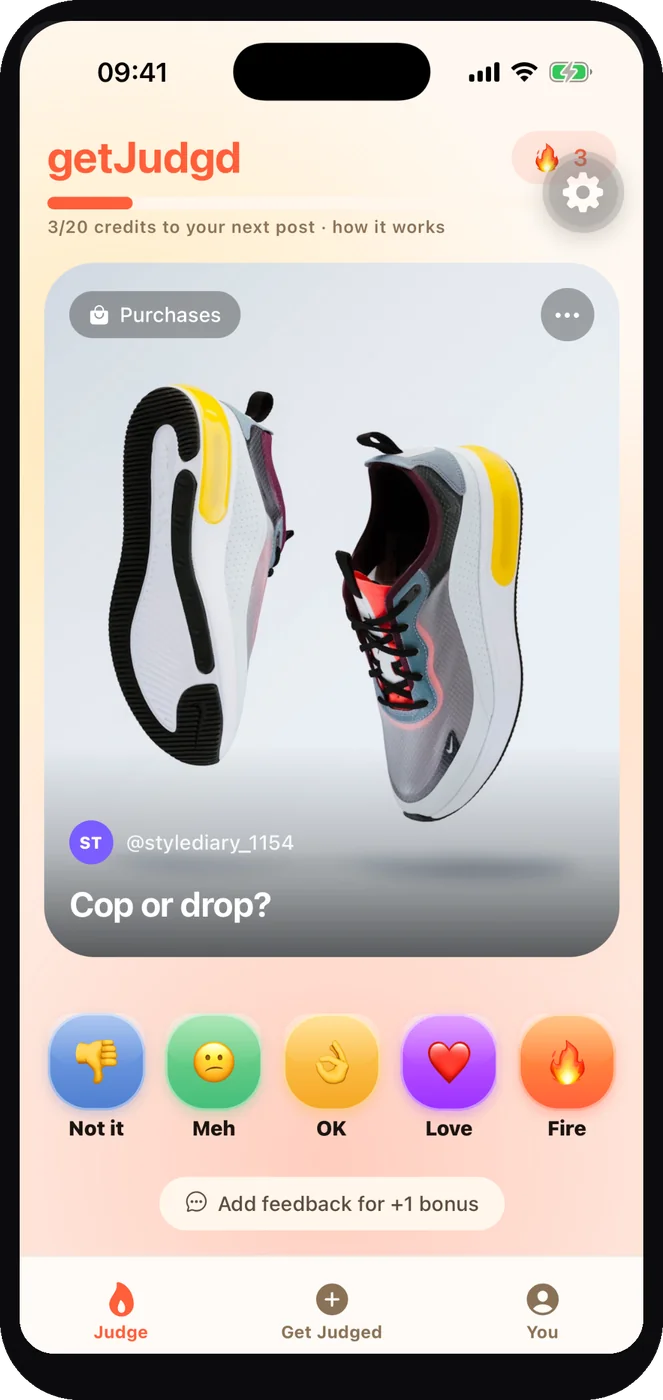 A getJudgd purchases post asking cop or drop on a pair of sneakers