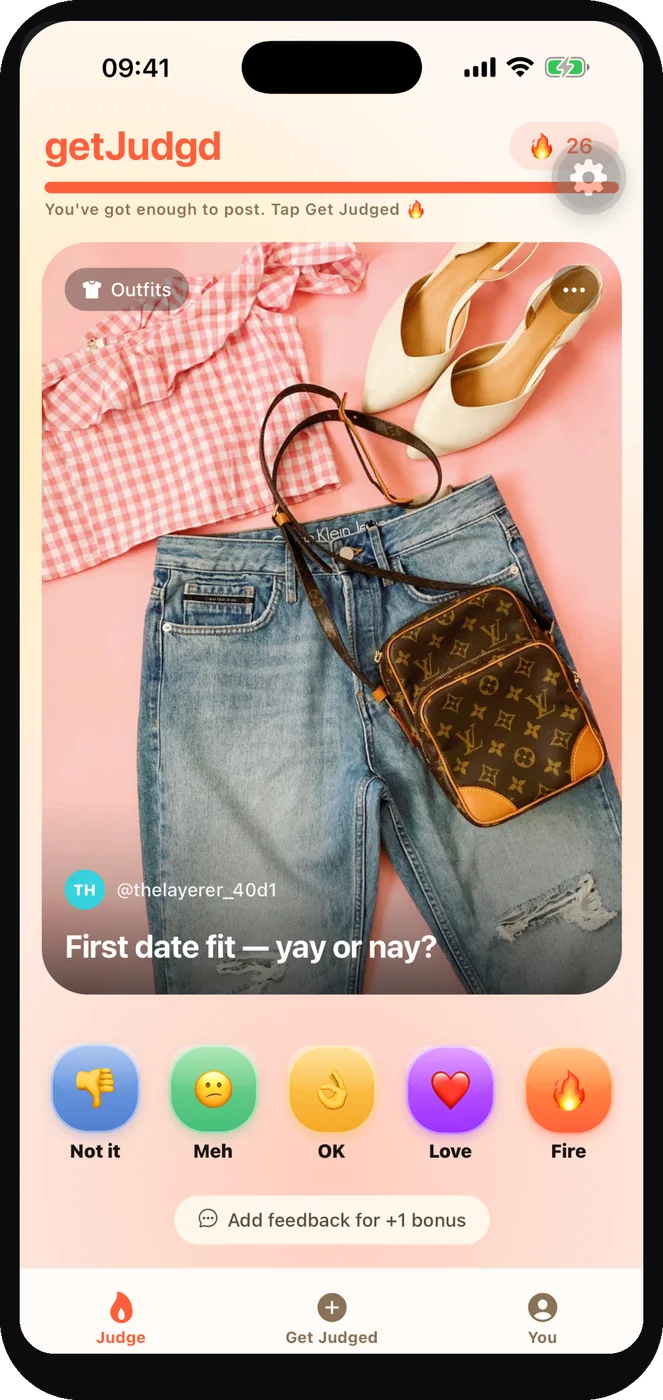 A getJudgd outfit post asking the crowd to rate a first-date fit
